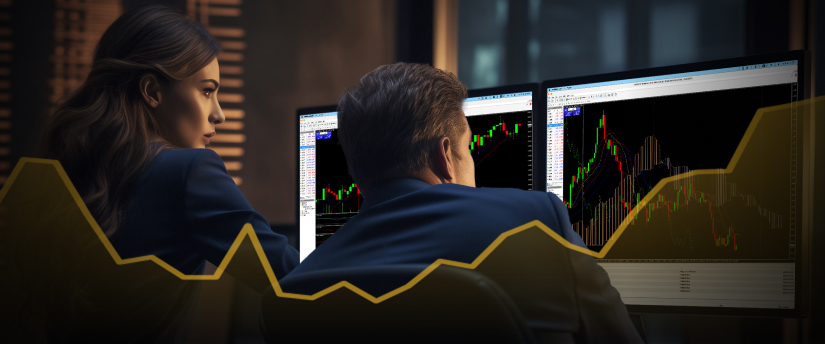 Two individuals analyzing a chart displayed on a computer screen, engaged in discussion and observation.