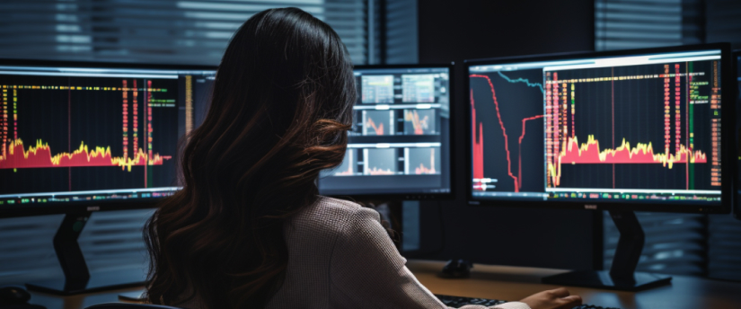 A woman seated at a desk, working on two computer screens, focused on her tasks.