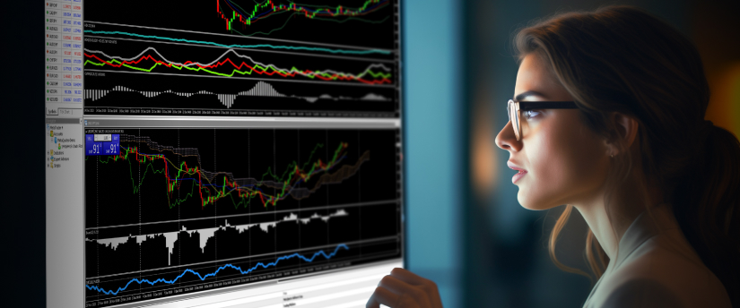 A woman in glasses studies a trading chart on her screen, engaged in financial analysis.