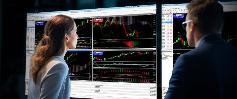 Two individuals analyzing trading data displayed on a computer screen, focused on market trends and statistics.

