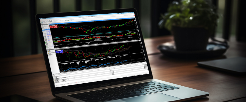 A laptop displaying a forex trading platform with charts and currency pairs on the screen