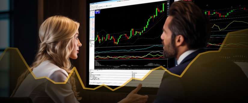 Two people observing a screen that shows a graph with an upward trend line, symbolizing increasing performance.