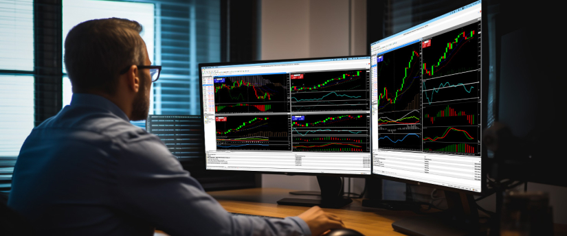A man at a desk with two monitors displaying various stock market graphs and data analysis.