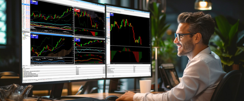 A man at a desk with two monitors displaying various trading screens and data analysis.