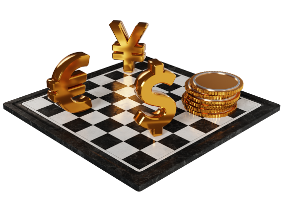 Sinal de dólar dourado e moedas dispostas em um tabuleiro de xadrez, simbolizando estratégia em finanças e investimentos.