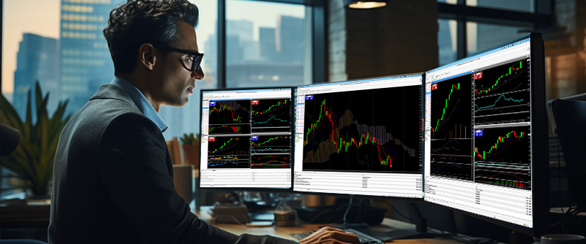 A man in a suit sits at a desk with three monitors displaying various stock market graphs and data.
