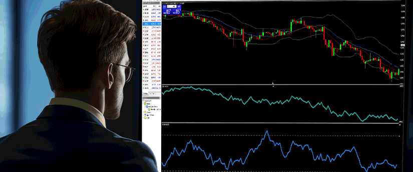A man in a suit intently observes a computer screen displaying a trading indicator.