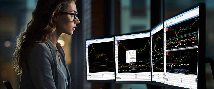A woman at a desk with three monitors displaying various trading screens and data analysis.