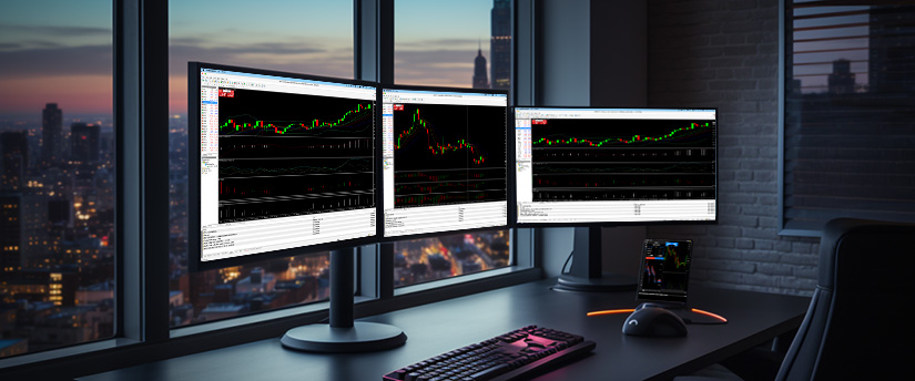 Three computer monitors show various trading indicators, including charts, graphs, and numerical data for market analysis.