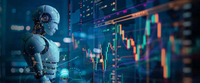 A robot in front of a stock market chart illustrates the integration of artificial intelligence in investment strategies.