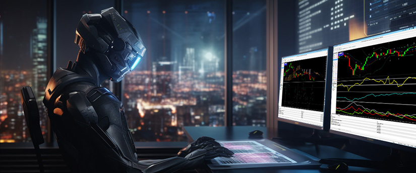 A robot seated at a desk, focused on two computer monitors displaying various data and graphics.