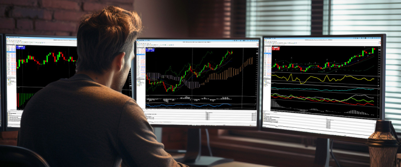 A man at a desk with three monitors displaying various trading indicators and data analysis.