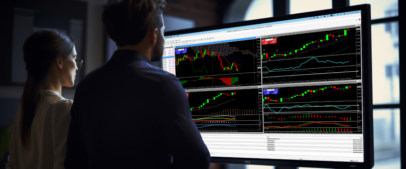 Two individuals observe a monitor displaying multiple trading screens filled with graphs and data.