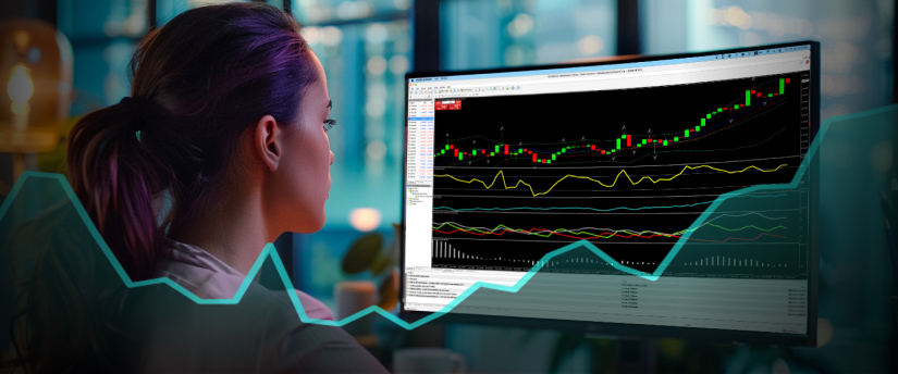 A woman gazes at a screen displaying a detailed chart, analyzing data for insights.