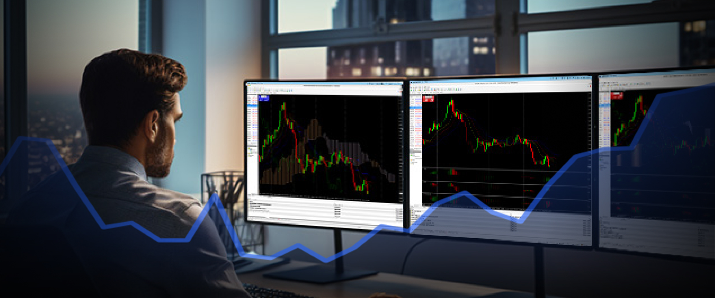 A man at a desk with two monitors displaying stock market graphs and data analysis.