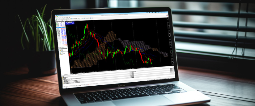 A laptop displaying a forex trading platform with charts and currency pairs on the screen.