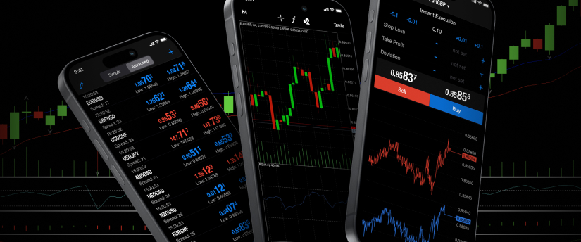 Three smartphones side by side, each featuring a different trading app interface for mobile trading activities.