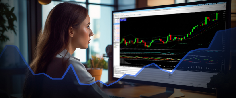 A woman analyzes a stock chart on her computer, focusing on market trends.