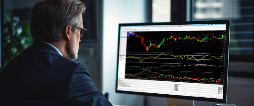 A man in a suit examines a computer screen displaying a stock chart, focused on market trends and data analysis