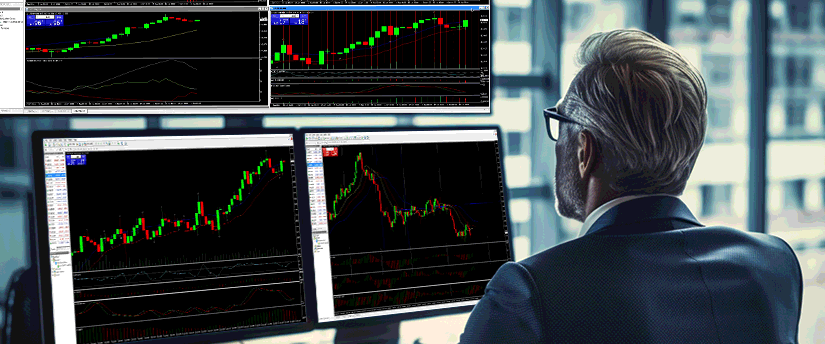 A man in a suit analyzes two monitors displaying various trading indicators and data.