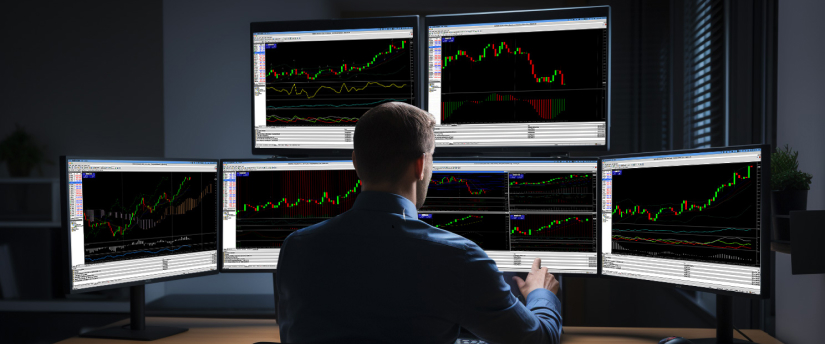 A man at a desk with multiple screens displaying various trading options and data analysis.