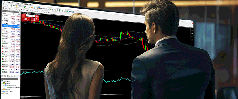 A man and woman analyze a stock market chart displayed on a computer screen, discussing investment strategies.