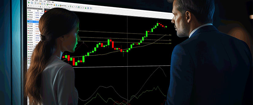 A man and woman observe a screen displaying an indicator, engaged in discussion about its content.