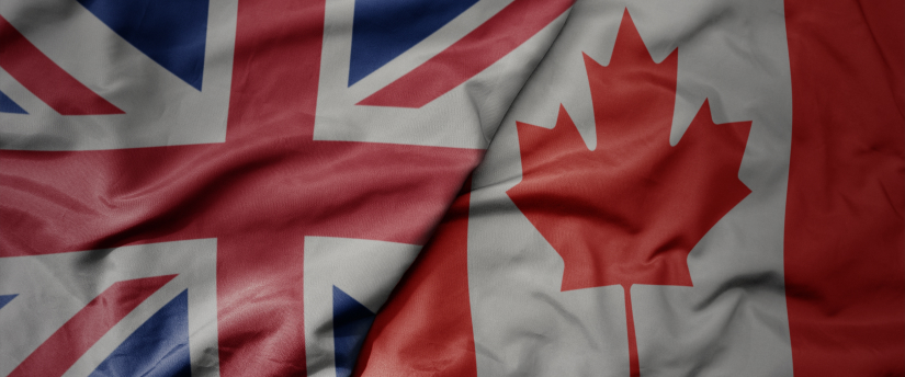 Canada and Britain flags displayed side by side, symbolizing friendship and cooperation between the two nations.