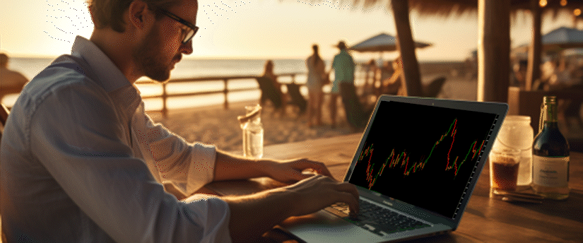 A man sitting at a table, focused on his laptop computer, with financial charts related to CFD leverage visible on the screen.