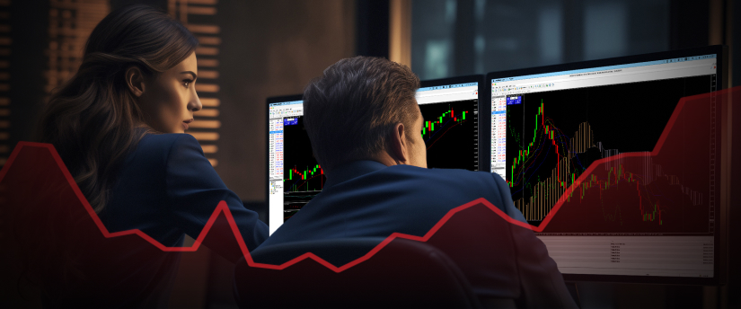 Two people at a desk, focused on a computer screen displaying an upward trend line in a business context.