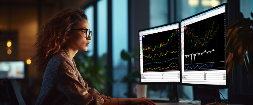 A woman seated at a desk, analyzing stock market graphs on two separate computer monitors.
