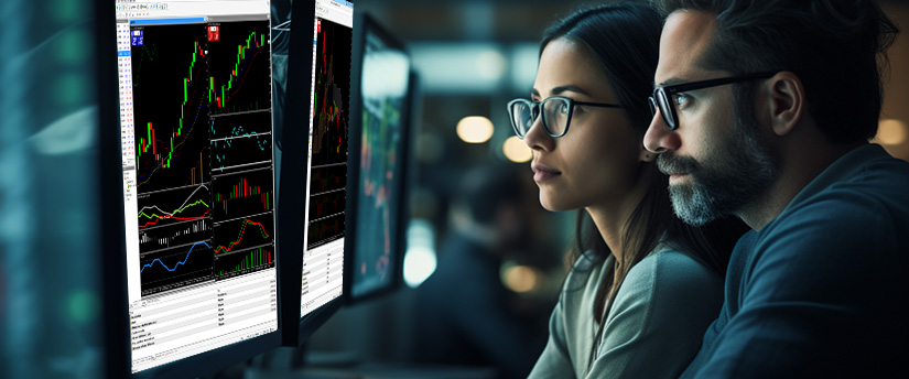 Two individuals analyzing trading data displayed on a computer screen, focused on market trends and statistics.