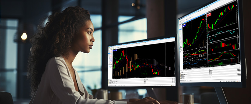 A woman seated at a desk, analyzing stock market graphs on two monitors, emphasizing risk management techniques.
