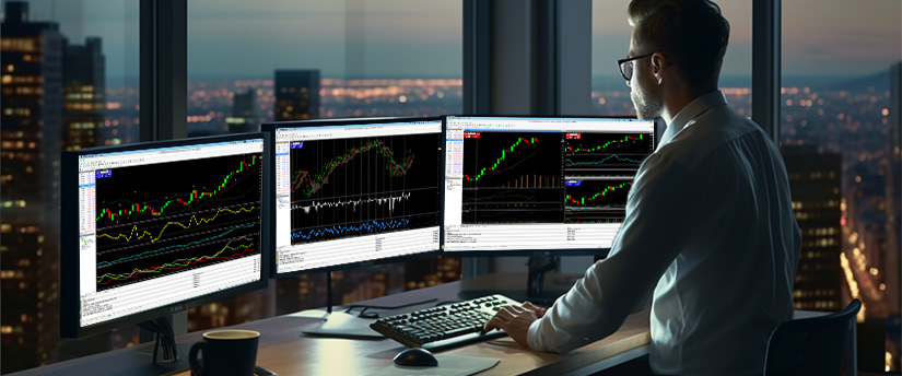 A man at a desk with three monitors displaying various stock market graphs related to CFD trading.