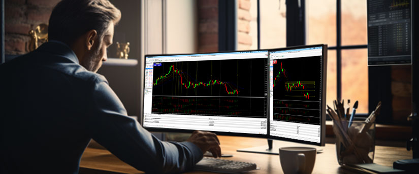 A man at a desk with two monitors displaying different trading platforms, focused on his work.