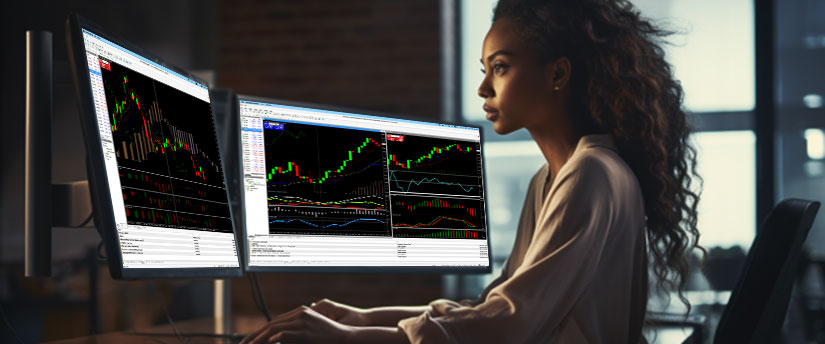 A woman at a desk with two monitors displaying various stock market graphs and data analysis.