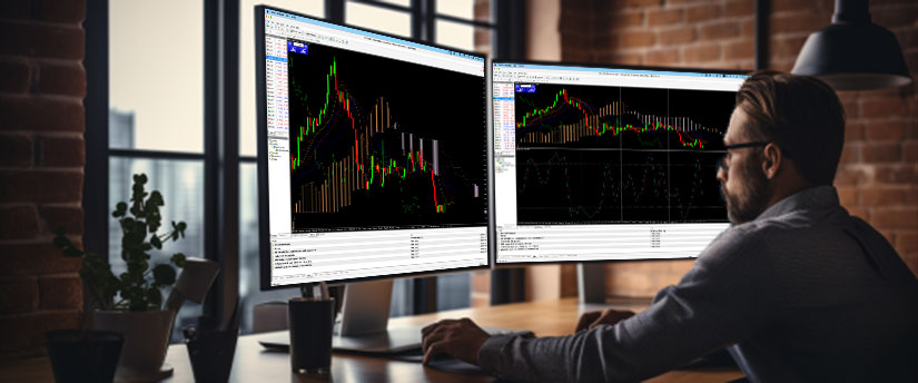 A man at a desk with two monitors displaying various trading platforms and market data.
