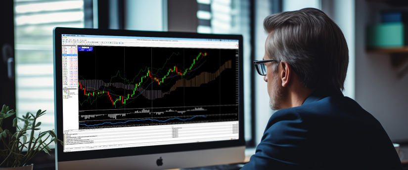 A man intently observes a computer screen displaying a trading chart with fluctuating lines and data points.