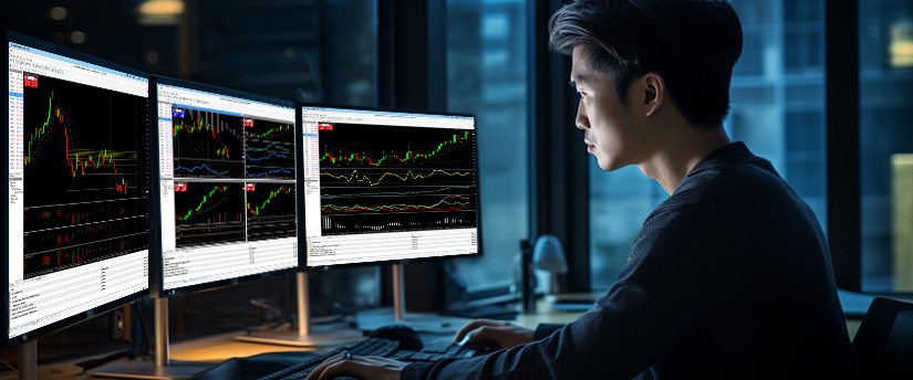 A man at a desk with three monitors displaying various trading platforms and market data.