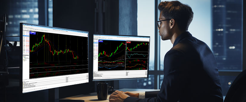 A man seated at a desk, analyzing stock market graphs on two separate computer monitors.