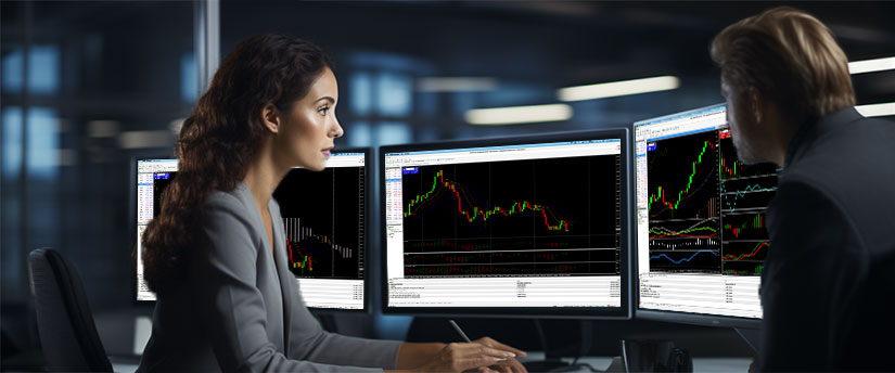 Two women working together on computers, reviewing trading data in a professional environment.