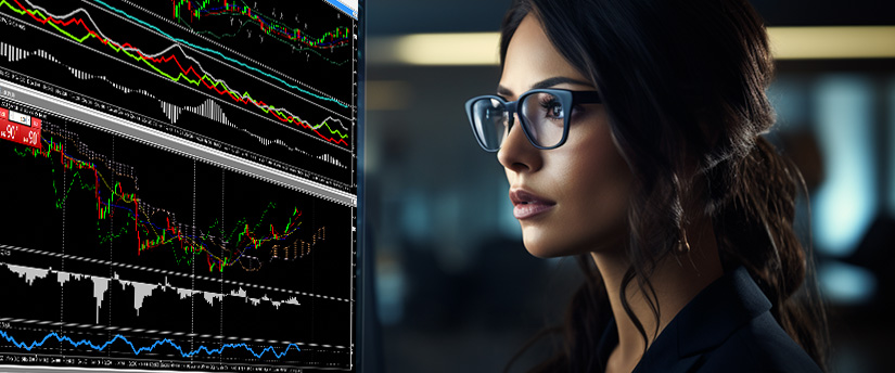 A woman with glasses intently gazes at a computer screen, focused on her work or research.
