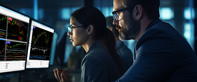 Two individuals analyzing stock trading data on a computer screen, focused on market trends and investment strategies.