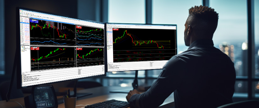 A man working at a desk with dual monitors, each displaying distinct trading information and charts.