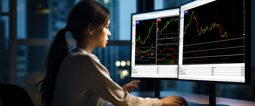 A woman at a desk with two monitors displaying various trading screens, focused on her work.