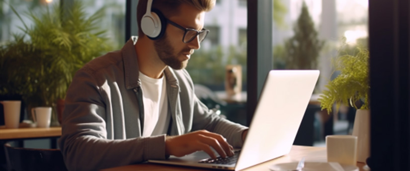 A man with headphones and glasses is focused on his laptop, engaged in work or a task.
