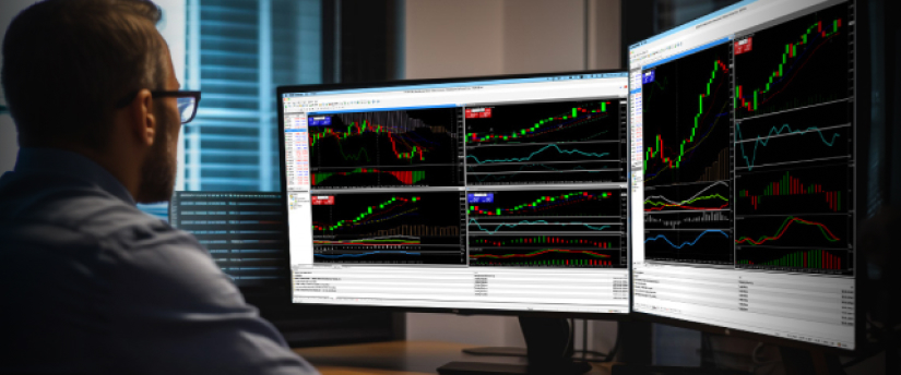 A man at a desk with two monitors displaying various stock market graphs and data analysis.