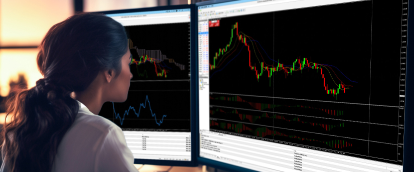Forex trading app interface displayed on an Android device, showcasing charts and trading options.