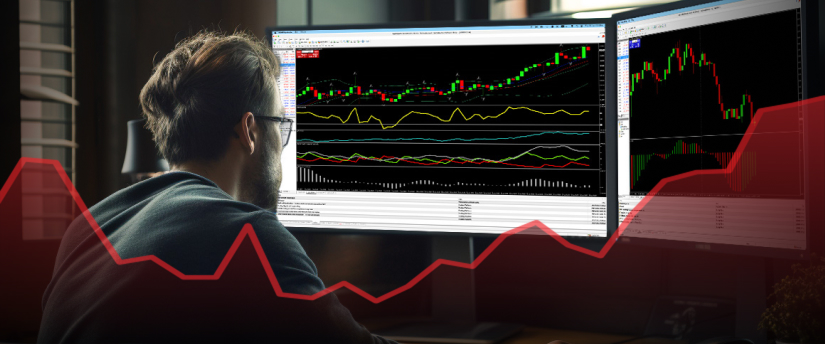 A man observes two computer monitors displaying a chart, analyzing data on the screens.