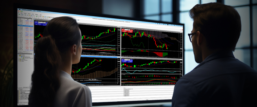 Two individuals analyzing a computer screen displaying multiple trading interfaces and data charts.